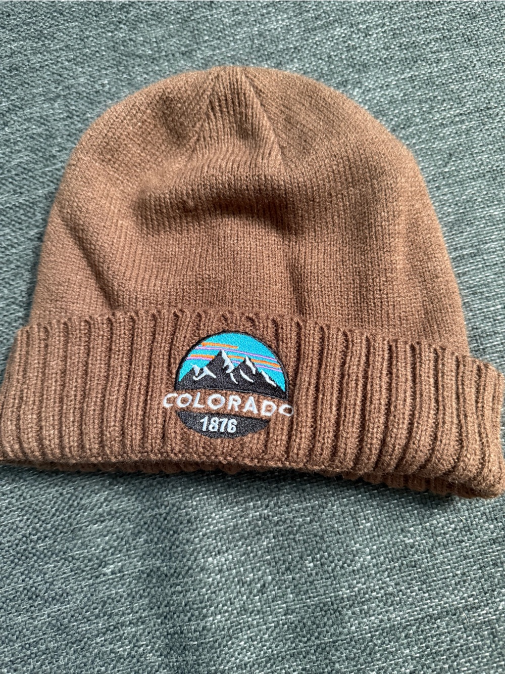 Brown Beanie with Colorado Mountain Patch one size